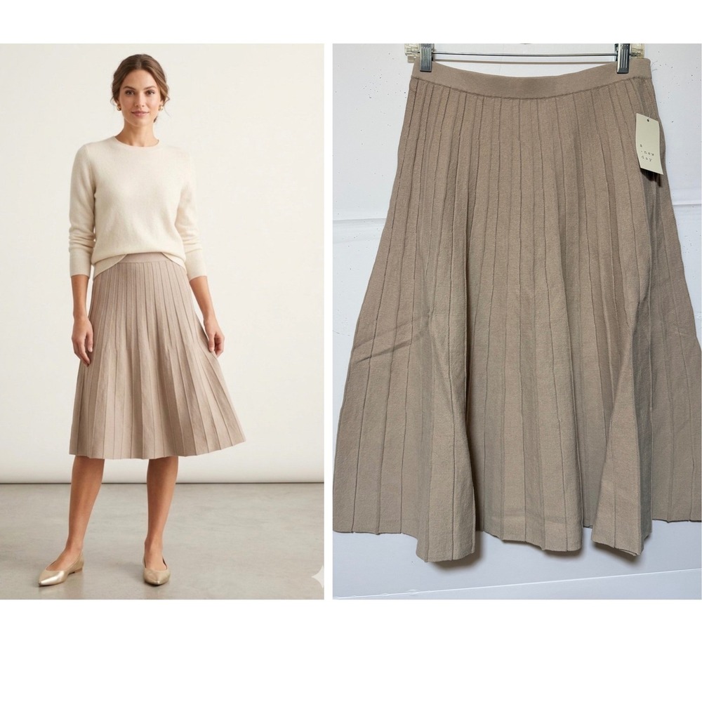 A New Day Tan Pleated Pull-On Knit Midi Skirt Sz M Preppy Fall Old Money Office